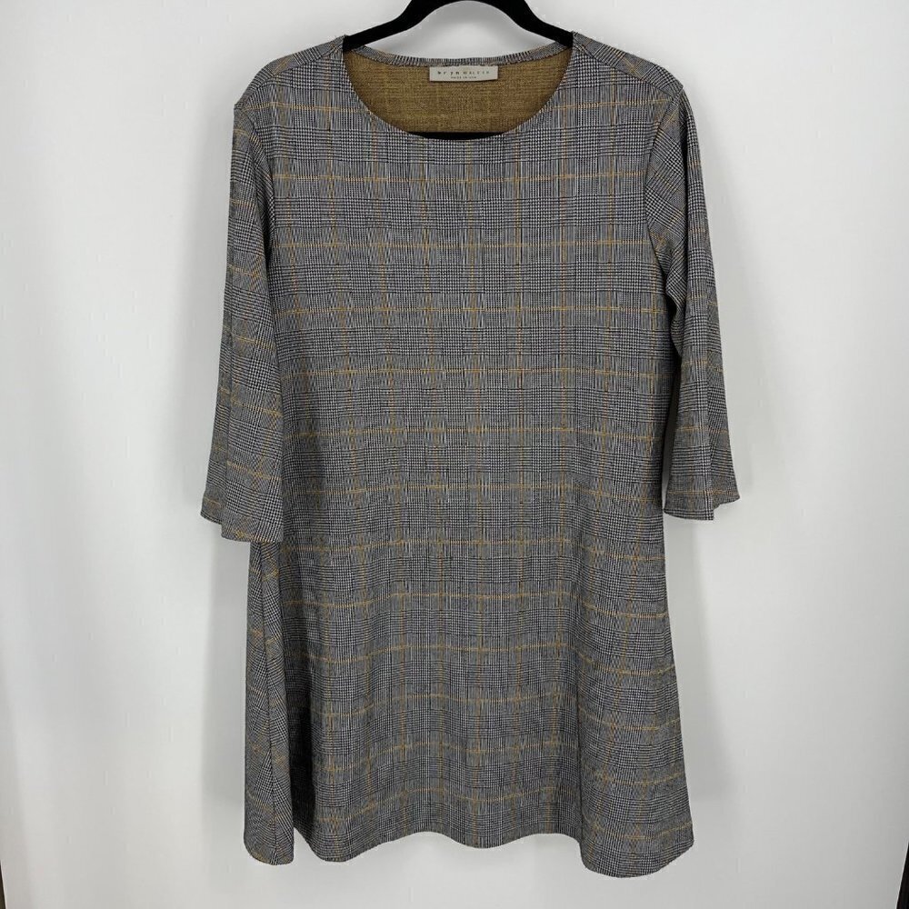 Bryn Walker Irys Carnaby Plaid Shift Dress Size M Glen Gray Academia Lagenlook
